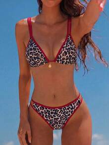 Swim Mod 2026 Spring/Summer 2pcs Women's New Adjustable Double Strap Red Trim Leopard Random Print Gold Round Charm Decor High Cut Sexy Vacation Bikini Set Set - Multicolor - View 1