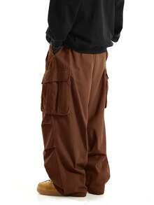 Manfinity Hypemode Men Flap Pocket Side Drawstring Waist Oversize Cargo Pants, Fall Wide Leg - Rust Brown - View 2