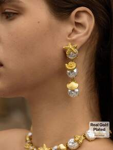 Opalesca 1 Par de Brincos Elegantes de Pérola com Estrela-do-mar da Moda para Mulheres, Roupas, Dinheiro Antigo, Acessórios de Casamento/Noiva, Joias Ocidentais, Fairycore/Fada, Pérola, Outono/Inverno, Para Mãe/Mulher/Menina, Elegante - Dourado - Visão 1