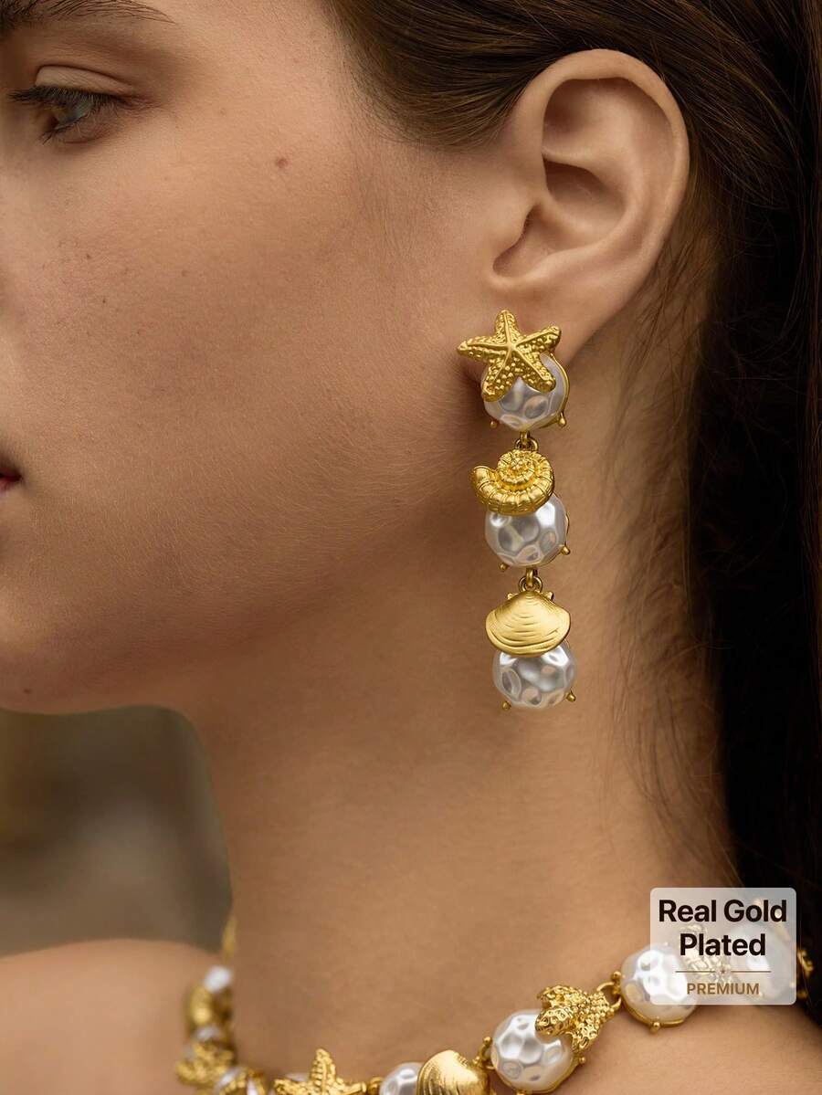 Opalesca 1 Par de Brincos Elegantes de Pérola com Estrela-do-mar da Moda para Mulheres, Roupas, Dinheiro Antigo, Acessórios de Casamento/Noiva, Joias Ocidentais, Fairycore/Fada, Pérola, Outono/Inverno, Para Mãe/Mulher/Menina, Elegante - Dourado - Visão 1