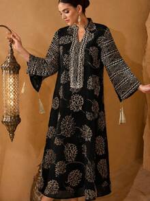 Al Najma 女款優雅工藝布料流蘇裝飾寬鬆長款晨袍 - 黑色 - 查看 7