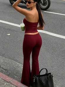INAWLY Solva Women's Sexy Streetwear Bandeau Top And Flared Pants 2 Pieces Set - Burgundy - View 5