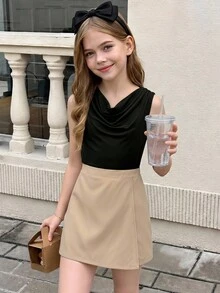 SHEIN 2件組 青少年女孩夏季新款休閒針織純色修身背心上衣與梭織百搭二合一裙褲，適合日常休閒、外出、度假、派對 - 黑色 - 查看 3