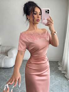 Rafferiza 女款緞面垂領撞色蕾絲露肩不對稱斜領縮腰修身緊身A字裙夏季 - 粉色 - 查看 8