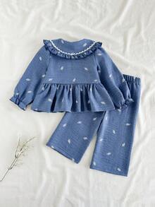 SHEIN Vintaside Kids 彼得潘領女嬰家庭套裝 優雅大方翻領長袖上衣與長褲套裝 秋季拍照用 藍白配色 - 彩色 - 查看 3