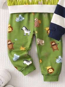 3 conjuntos aleatorios, se envía 1 conjunto, sudadera de cuello redondo de manga larga acanalada con estampado de reunión de animales alegre, fresco, casual, lindo y divertido, combinada con pantalones largos de estampado animal verde, adecuada para salidas diarias - Multicolor - Ver 7