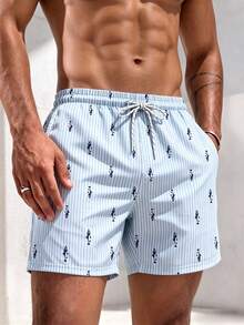 Manfinity KASUA Light Blue Vertical Striped Fish Print Men's Beach Shorts - Blue and White - View 5