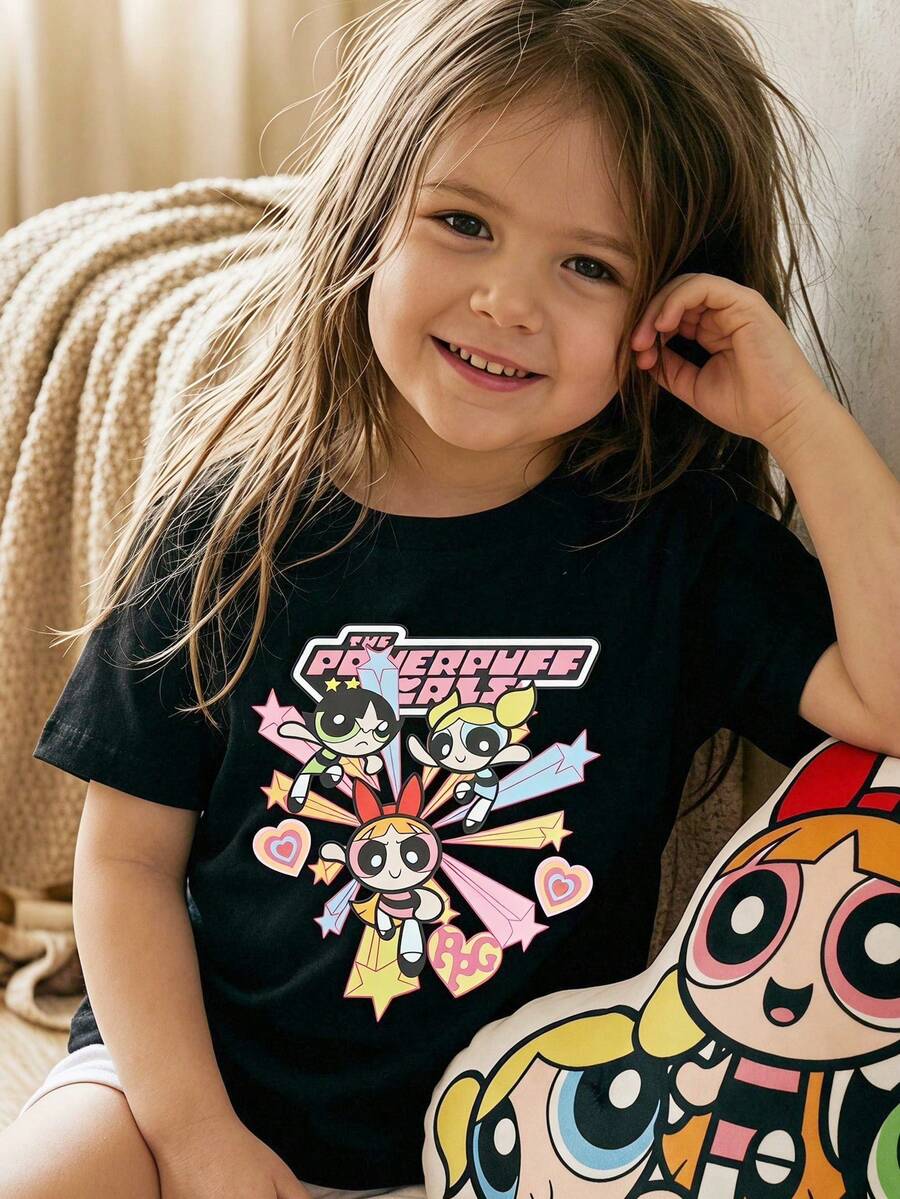 THE POWERPUFF GIRLS X SHEIN 女童少女卡通可愛印花休閒短袖圓領T恤,適合居家、室內、戶外穿著,舒適隨性 - 黑色 - 查看 1