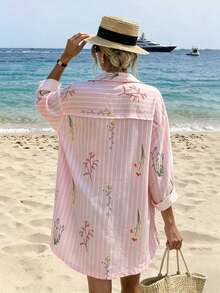 Vaclyn Women's Floral Print Striped Single-Breasted Shirt Dress, Suitable For Daily Wear, Vacation And Beach - Pink - View 4
