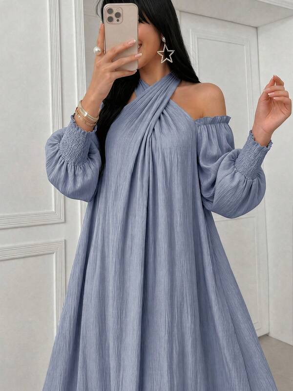 Yasmyna Women's Spring/Summer Pink Long Sleeve Criss-Cross Knot Halter Neck Shirred A-Line Elegant Romantic Arabian Dress French Gentle Daily Style