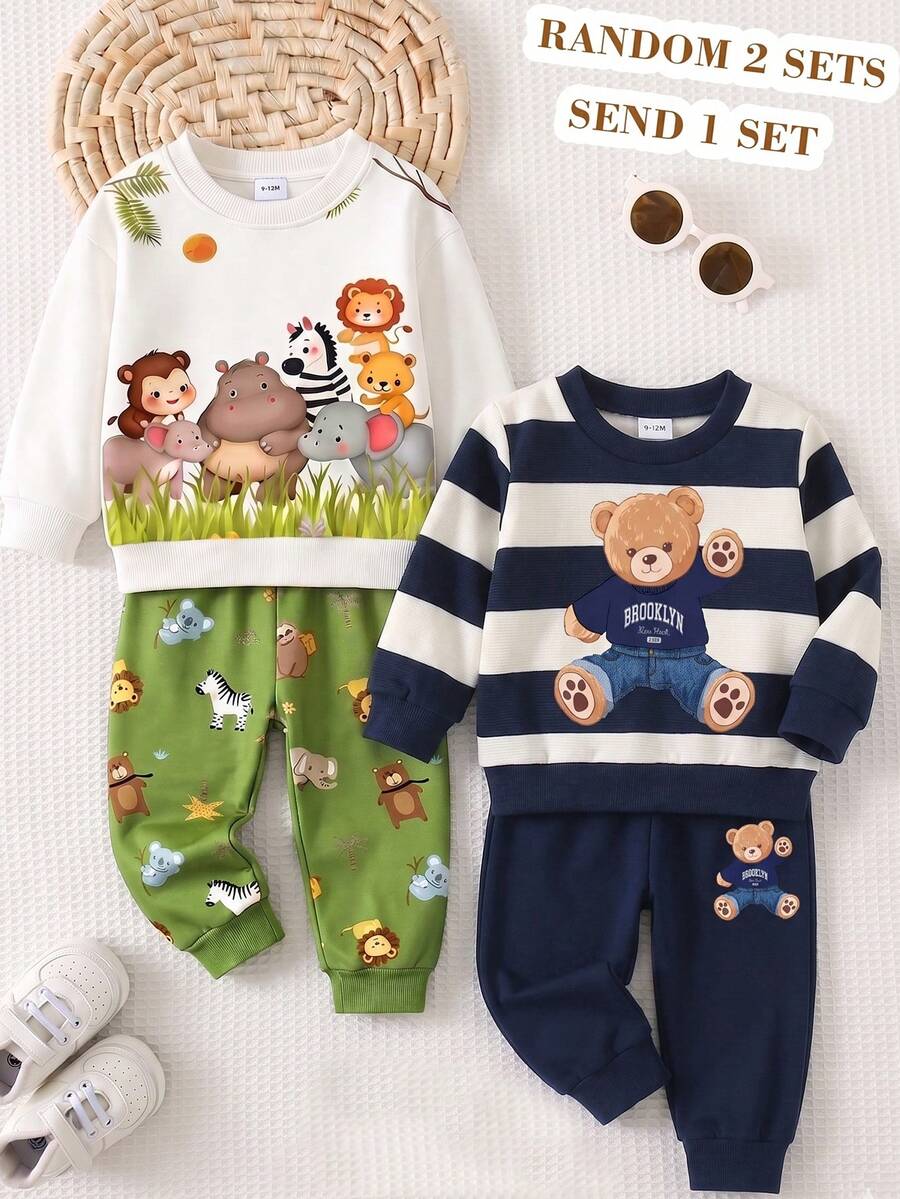 3 conjuntos aleatorios, se envía 1 conjunto, sudadera de cuello redondo de manga larga acanalada con estampado de reunión de animales alegre, fresco, casual, lindo y divertido, combinada con pantalones largos de estampado animal verde, adecuada para salidas diarias - Multicolor - Ver 1
