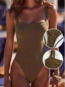 Swim Vcay 2026春夏女士可调节粗肩带纯色撞色拼接优雅修身连体泳衣 - 棕色 - 查看 3