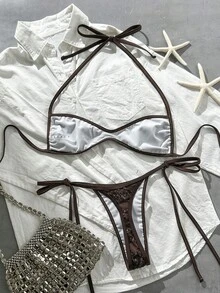 Costavie Swim Vcay 兩件式比基尼套裝，春夏海灘度假款，亮片紋理布料，掛脖平胸式上衣搭配側綁繩丁字褲，性感 - 咖啡棕 - 查看 2