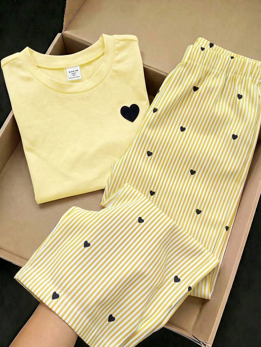 SHEIN Elladie kids 2件/套 基本休閒懶人素色圓領短袖T恤搭配條紋布料直筒長褲套裝，適合日常出遊與各種場合，春夏四季兒童日常舒適夏季穿搭