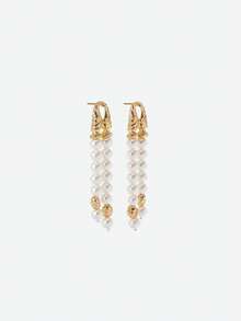 Opalesca Pendientes largos de perla con borlas de 18 K, adecuados para uso diario, atuendos, dinero antiguo, accesorios de boda/novia, joyería occidental, Fairycore/Fairy, perla, otoño/invierno, para mamá/mujer/niña/madre, elegante - Dorado - Ver 4