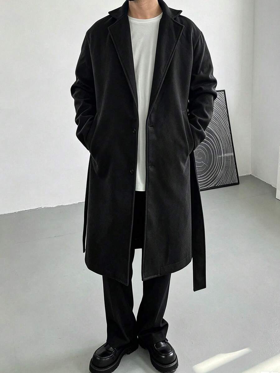 Manfinity Hypemode Men's Solid Color Business Button Long Sleeve Pocket Overcoat - Black - View 1