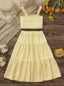 Tween Girls 2Pcs Textured Yellow Square Neck Cami Crop Top + Tiered Maxi Skirt Summer Vacation Outfit Set,Beach Holiday Outfit Bandage Dress - Yellow - View 2