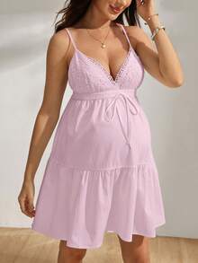 SHEIN GentleRue Maternity Casual Vacation Multi-Functional Fashion Daily Solid Color Lace Patch Embroidery V-Neck Spaghetti Strap Dress, Spring/Summer - Pink - View 5