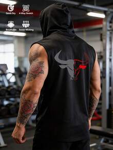 GymBeat 男士連帽無袖背心，背面印有大紅色與灰色牛頭圖案，充滿活力與運動風格，適合日常穿著與街頭活動，籃球愛好者的理想禮物，適用於球場、通勤與健身房場景 - 黑色 - 查看 1