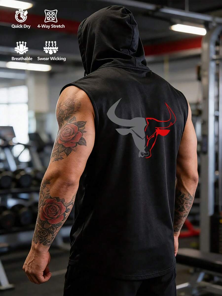 GymBeat 男士連帽無袖背心,背面印有大紅色與灰色牛頭圖案,充滿活力與運動風格,適合日常穿著與街頭活動,籃球愛好者的理想禮物,適用於球場、通勤與健身房場景 - 黑色 - 查看 1