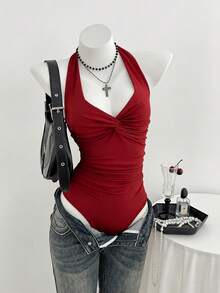 Elamini Women's Spring/Summer V-Neck Front Twist Sexy Casual Minimalist Bodysuit - Red - View 1