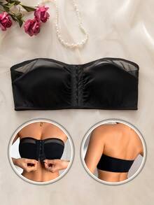 SHEIN Elacene 性感透視網紗拼接前扣式直筒抹胸內衣，無肩帶女款內衣，1件裝 - 黑色 - 查看 2