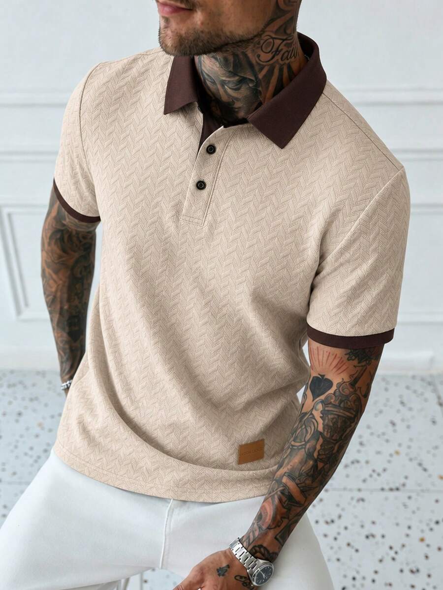 Manfinity Homme Men's Knitted Jacquard Solid Color Textured 3-Button Collar, Cuffs And Hem Ribbed Black Pique Polo Shirt - Apricot - View 1