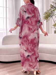 Al Najma Spring/Summer Loose Fit Short Sleeve Tie-Dye Multi-Color Lapel Collar Dress - Red - View 3