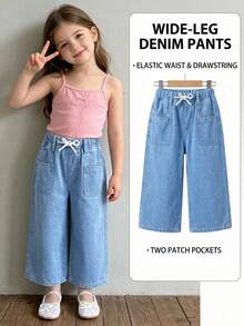 SHEIN Girls' Loose Lightweight Casual Sporty Versatile Washed Light Blue Back-To-School Denim Pants, Pocket Design, Drawstring Elastic Waist, Mid-Waist - Light Wash - View 2