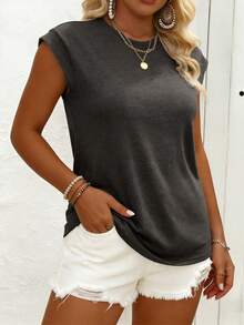 EMERY ROSE Women's Plus Size Casual Minimalist Batwing Sleeve Round Neck T-Shirt, Suitable For Spring And Summer Tops - Grey - View 5
