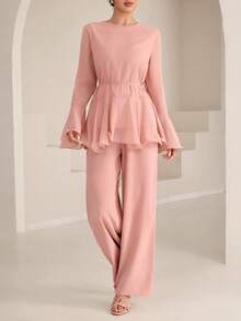 Graceveil Dusty Pink Round Neck Flared Sleeve Loose Fit Skirt, Women's 2 Pieces Set For Daily Wear Brunch Autumn Modest Elegant Brunch Tea Party - Pink - View 6