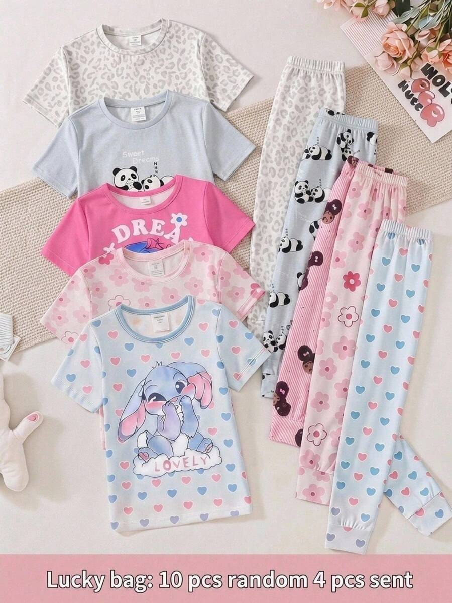 SHEIN 青少年女孩休閒極簡修身舒適圓領短袖長褲家居服套裝,4件套,可愛卡通熊貓印花與時尚豹紋灰色印花,適合四季穿著 - 淺灰色 - 查看 1