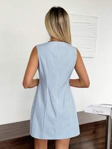 Easowa Round Neck Button Front Shell Trim Sleeveless Cinched Waist A-Line Dress Blue And White Striped Summer Women's Short Dress Teachers' Day Office - Blue and White - View 9