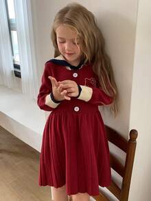 Dazy Kids HELLO KITTY | DAZY Gaun Sweater Anak Perempuan Lengan Panjang Kerah Pelaut Lucu Warna Kontras dengan Motif Kucing KT untuk Musim Gugur - Merah - View 6