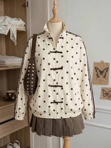 Comfortcana Plus Size Colorblock Striped Polka Dot Print Sweatshirt Fall - Apricot - View 4