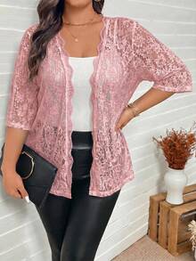 SHEIN LUNE 大尺碼女款蕾絲休閒百搭日常外出開襟衫 - 藕粉色 - 查看 8