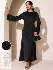 Veilorie Gaun Minimalis Lengan Panjang Warna Polos untuk Wanita, Cocok untuk Kencan dan Liburan - Hitam - View 1