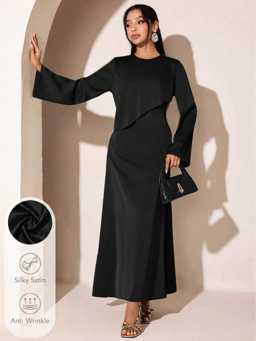 Veilorie Gaun Minimalis Lengan Panjang Warna Polos untuk Wanita, Cocok untuk Kencan dan Liburan - Hitam - View 1