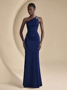 Coutiva Rhinestone Decor Elegant One Shoulder High Slit Bridesmaid Dress - Royal Blue - View 3