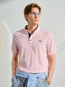 Men Antler Embroidery Mock Neck Contrast Trim Polo Shirt - Baby Pink - View 4