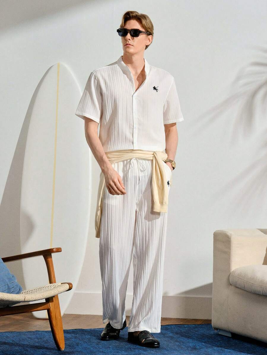 VeloEdit Men's Minimalist Printed Short Sleeve Shirt And Pants SetFall Winter - White - View 1
