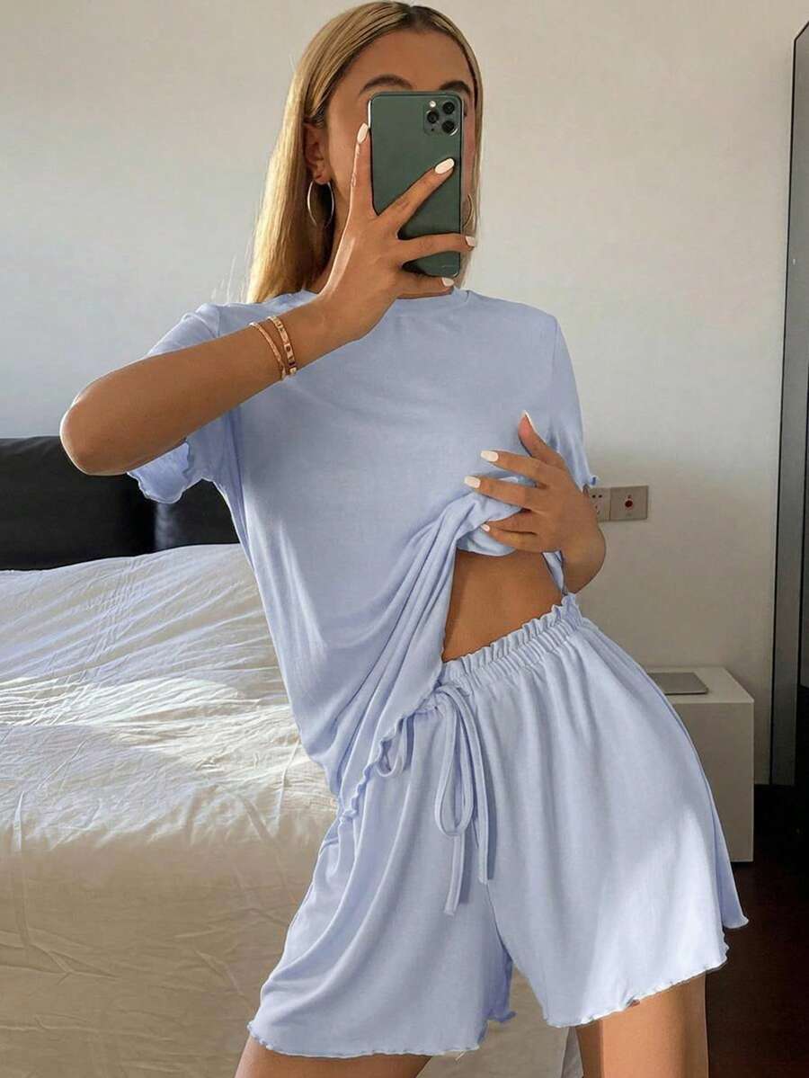 Livesso 夏季舒適純色極簡針織波浪下擺女款居家服睡衣套裝 - 藍色 - 查看 1