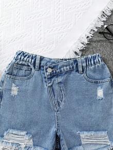 Girls' Denim Shorts, Light Blue Washed Distressed Frayed Hem Denim Shorts, Asymmetrical Elastic Waist Design, Loose Fit Casual Versatile Y2K Summer Street Style Girls' Shorts, Suitable For Daily Outings, School, Commuting, Summer Vacation, Outdoor And More Occasions - Blue - View 5