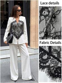 Modelyn Conjunto de traje elegante de mujer con cuello en V, patchwork de color contrastante y encaje, para primavera/verano - Multicolor - View 6