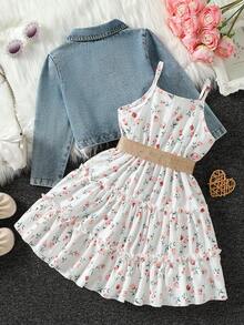 SHEIN Elladie kids 女童新款時尚領長袖外套搭配鬆緊腰A字分層花卉印花吊帶洋裝 2件套，適合休閒日常穿著與度假，春/秋季 - 藍色 - 查看 4