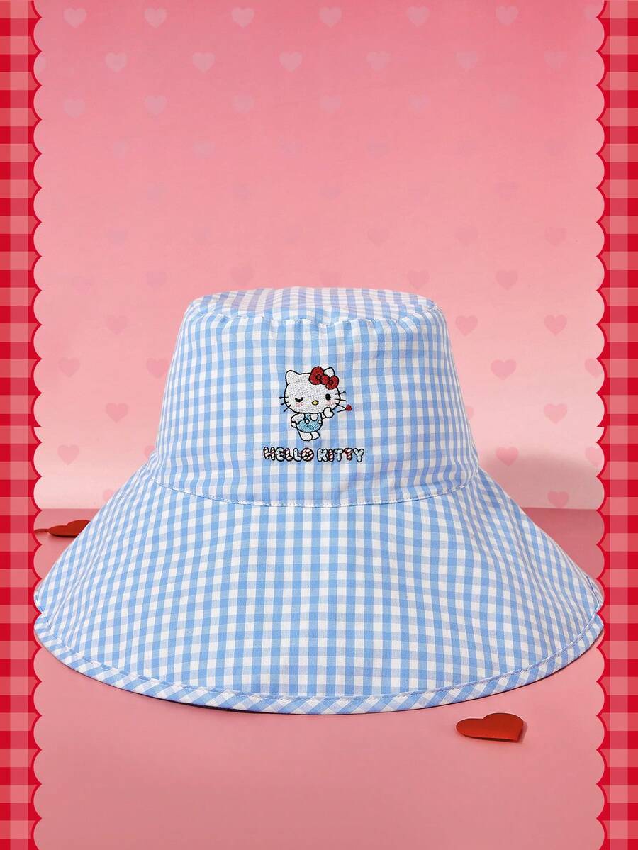 HELLO KITTY AND FRIENDS | SHEIN A Ladies', Embroidered, Blue Plaid Fisherman's Hat, Suitable For Daily Outings - Fisherman's hat - View 1