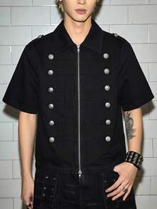 ROMWE MEN Men's Napoleon Button Design Zipper Placket Short Sleeve Denim Jacket - Black - View 2