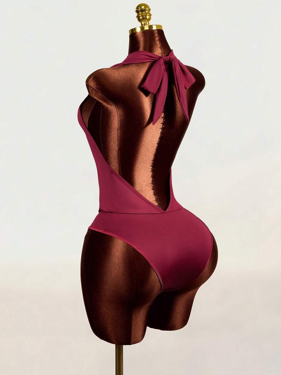 BamGleam 2026 Spring/Summer New Sexy Deep Draped Neck Cowl Neck Eyelet Knot Elastic Knit Bodysuit For Party And Date - Burgundy - View 1