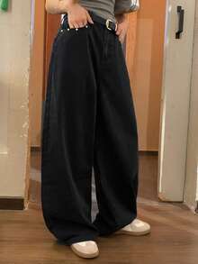 DAZY Women's Solid Color Loose Rivet Casual Street Vacation Curved Leg Jeans Fall - Black - View 7
