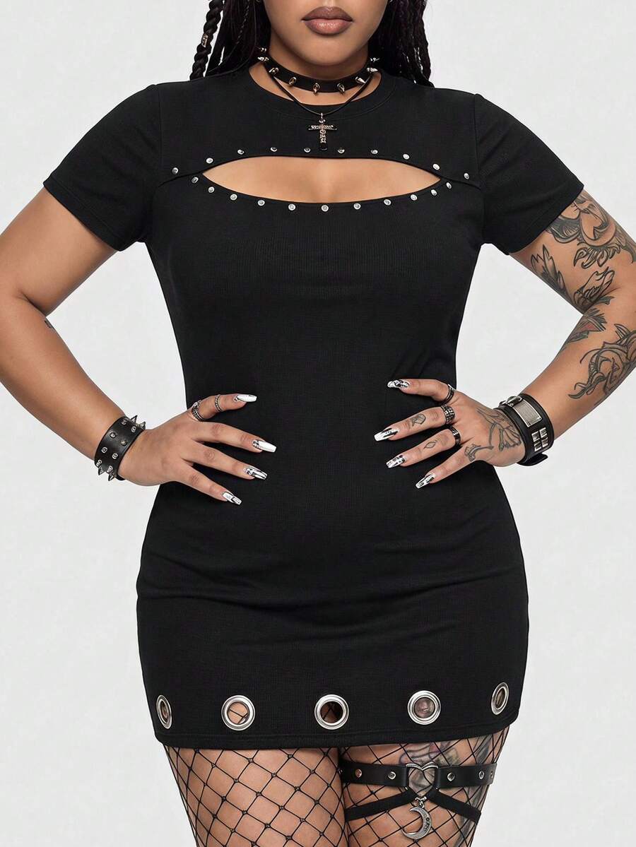 ROMWE Grunge Punk Plus Size Y2K Punk Cutout Chest Hem Eyelet Design Sexy Fitted Bodycon Mini Dress - Black - View 1